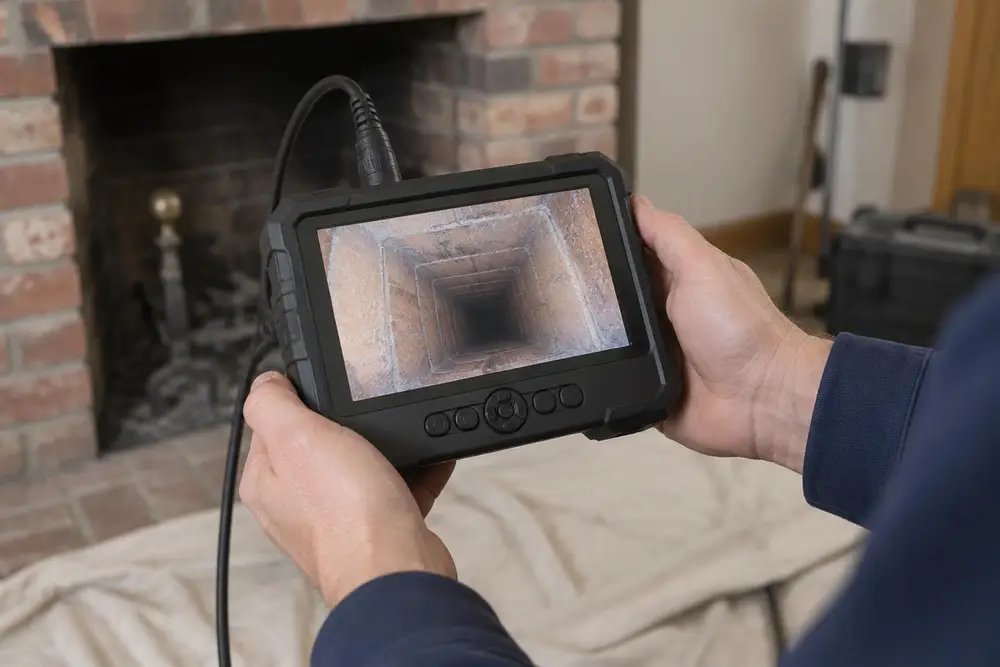 Hands holding a chimney inspection camera monitor showing the inside of a clay-tile flue