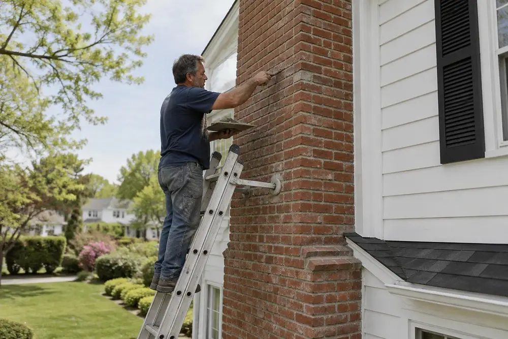 Mason on a ladder repointing mortar joints on a tall brick chimney beside a white colonial house