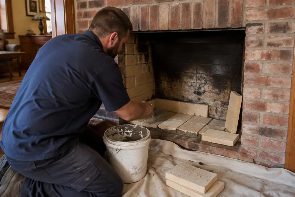 Worker replacing firebrick inside a traditional brick fireplace with a bucket of mortar on a drop cloth